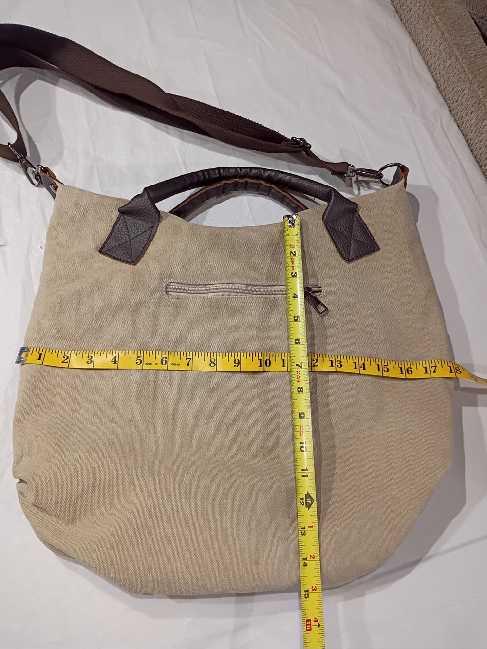 Large Beige Canvas & Brown Faux Leather Hobo Crossbody Bag Boho Tote - Picture 2 of 11